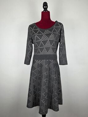 Lane Bryant Charcoal Gray Eyelet Fit-and-Flare Long Sleeve Knit Dress (14/16)